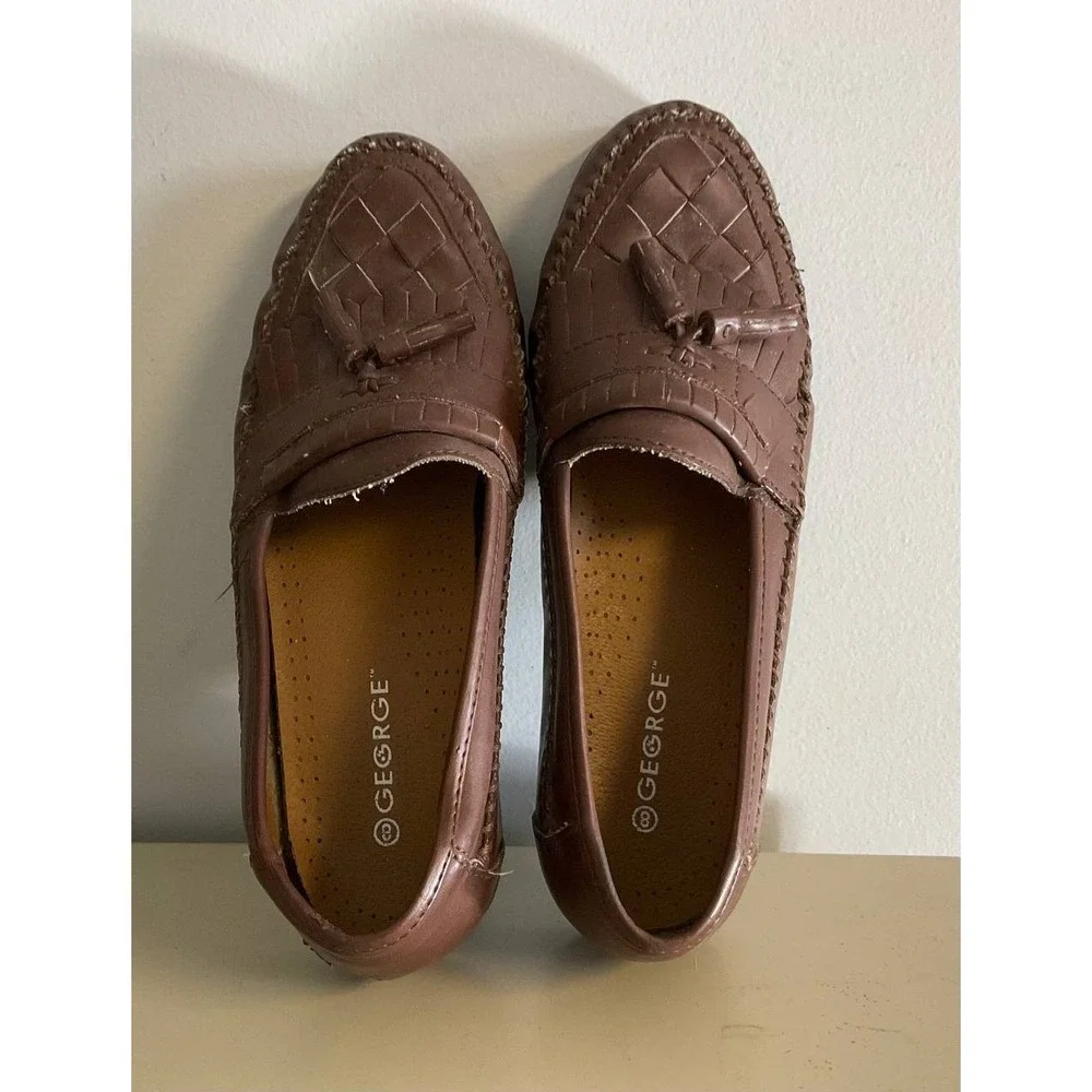 George Mens Loafers Casual‎ Shoes Size 8 Brown Faux Leather Woven Tassel Slip On
